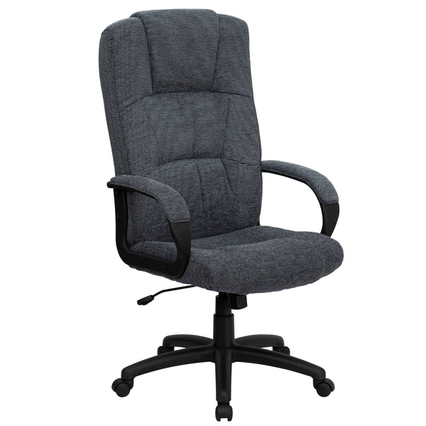 Office Chair High Back Loop Arms Gray Fabric Executive Style Black Frame