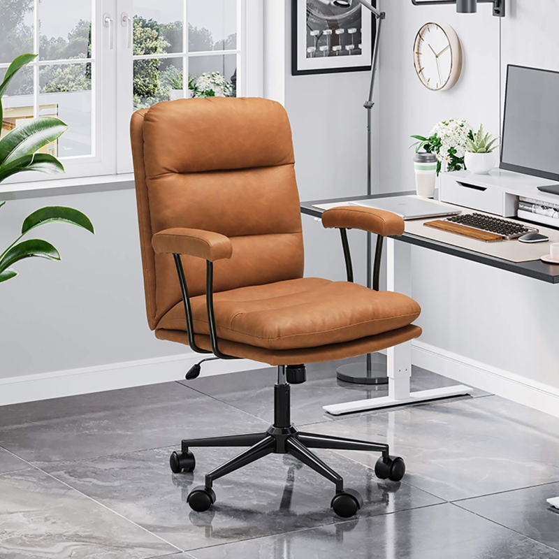 Office Chair Horizontal Channel Tufting Caramel Upholstery Mid Century