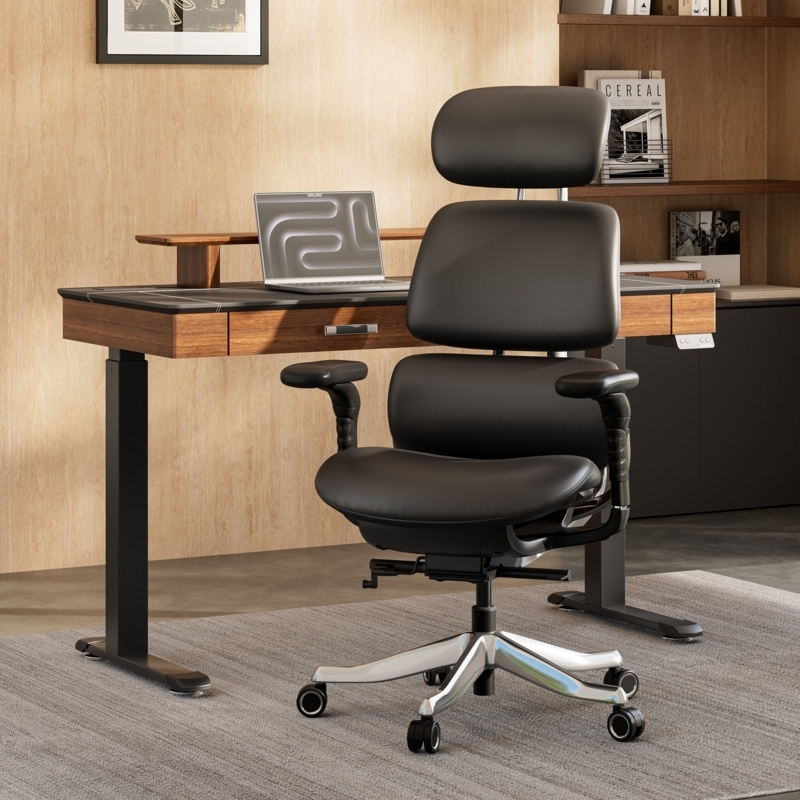 Office Chair in Moody Modern Home Office with Grid Textured Wall