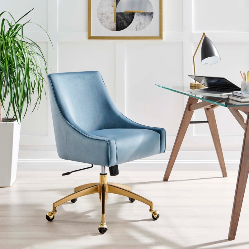 Office Chair Light Blue Velvet Vertical Channel Tufting Gold Base Curved Back