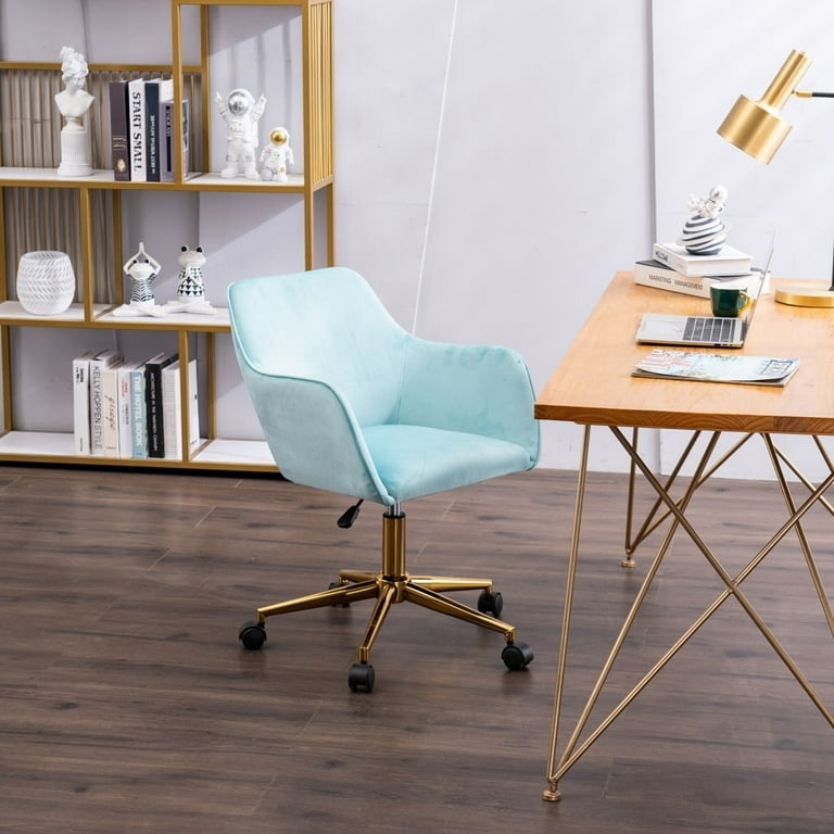 Office Chair Light Blue Velvet Vertical Channeling Gold Base Glam