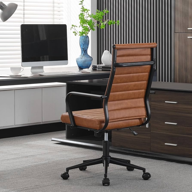 Office Chair: Mid-Century Cognac Ribbed Leather Conference Seat