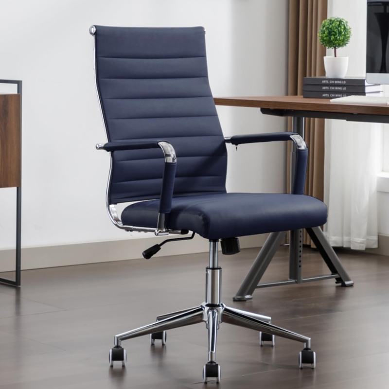 Office Chair Mid-Century Modern Ribbed Surface Tan Leather-Like