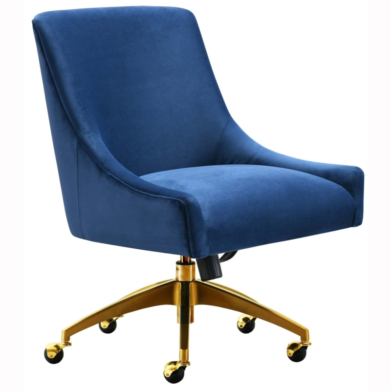 Office Chair Navy Velvet Vertical Channel Tufting Gold Base Barrel Back