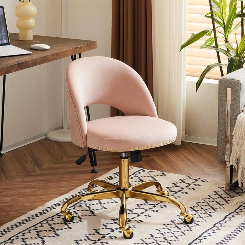 Office Chair Pink Velvet Nailhead Trim Channel Tufted Gold Base
