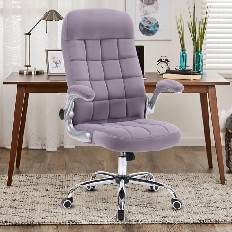 Office Chair Purple Velvet Flip-Up Arms Channel Tufting High Back