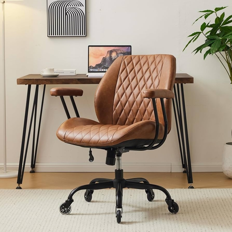 Office Chair Quilted Stitching Cognac Brown Integrated Lumbar