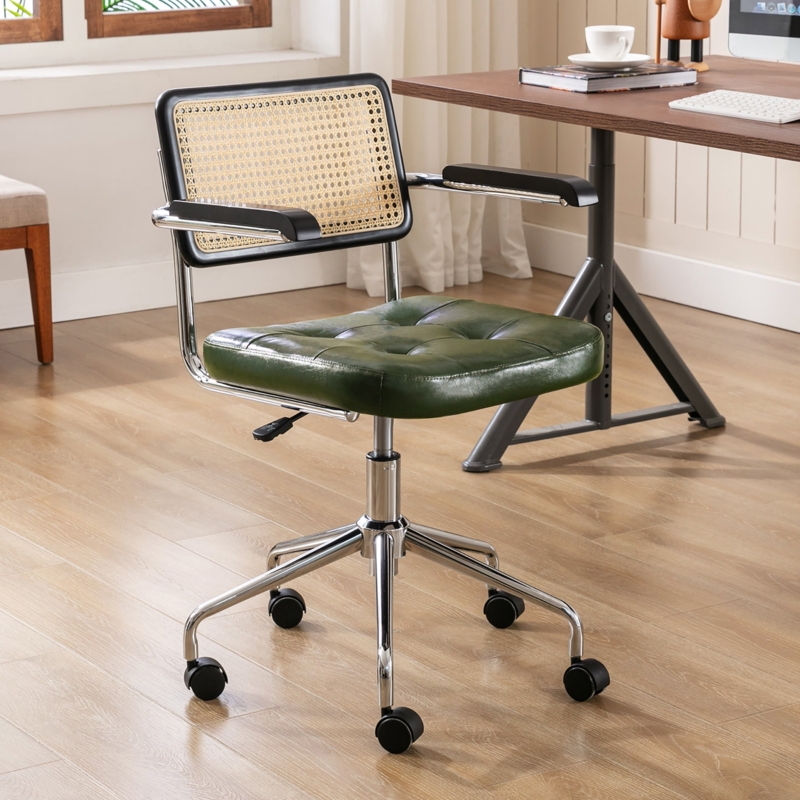 Office Chair Rattan Back Olive Green Upholstery Wooden Arms Swivel