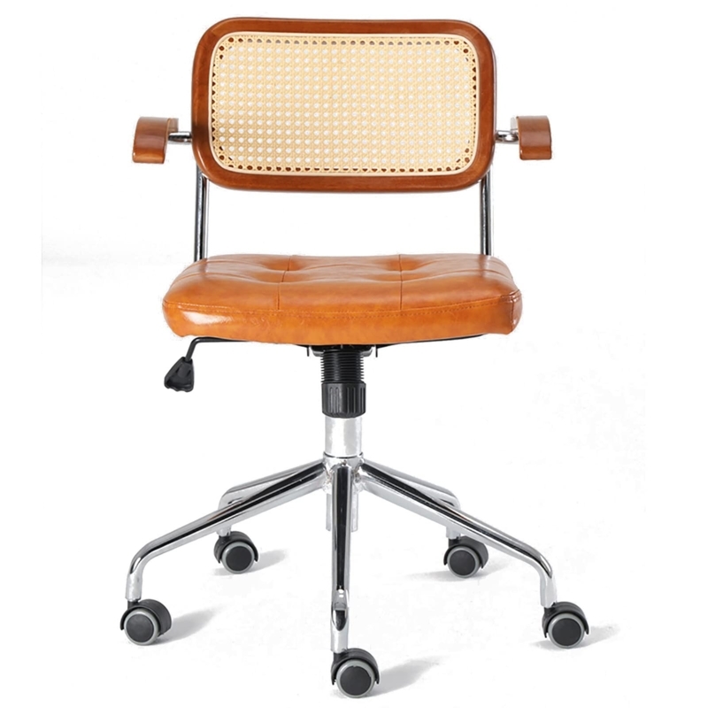 Office Chair Rattan Back Yellow Boucle Swivel Boho Chic Style