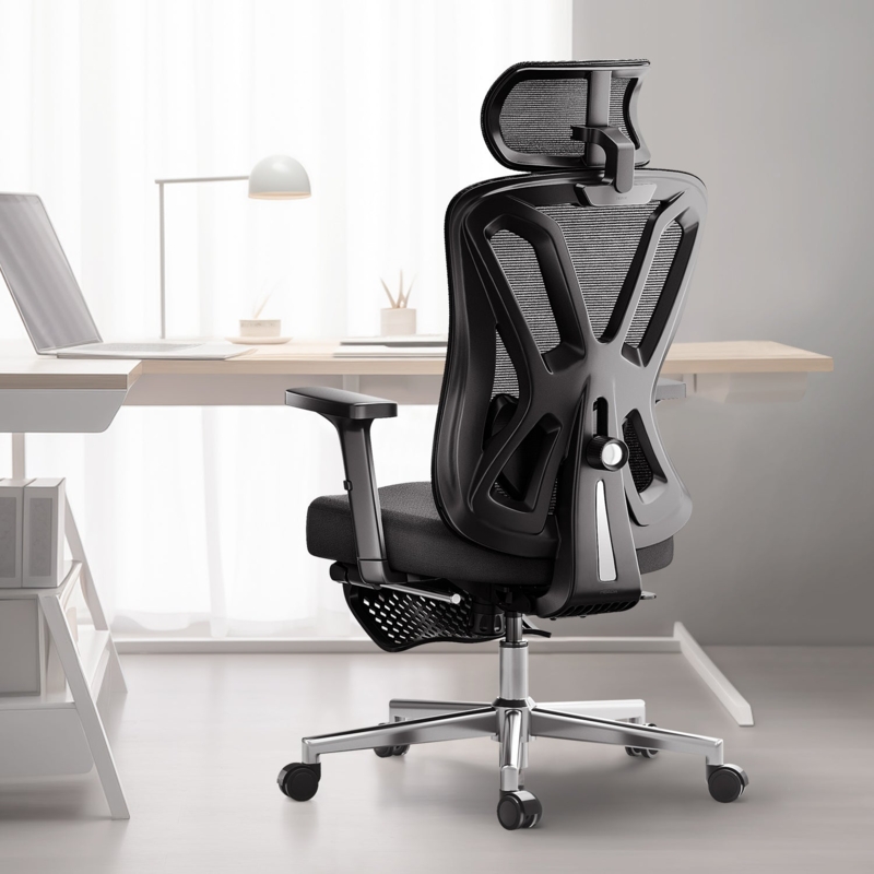 Office Chair Retractable Footrest White Frame Gray Mesh Ergonomic