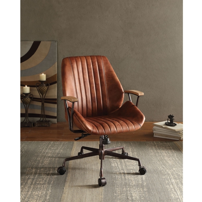 Office Chair Ribbed Backrest Tan Leather-Like Black Base Padded Arms