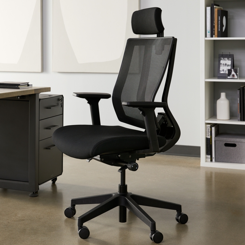 Office Chair Ribbed Mesh Back Black Adjustable Headrest Ergonomic Seating
