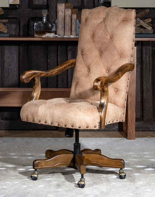 Office Chair: Sandstone Tan Distressed Tufted Western Style Swivel