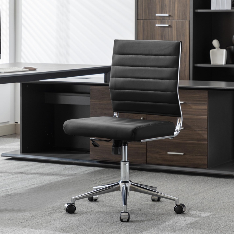 Office Chair Tan Leather Like Ribbed Stitching Polished Chrome