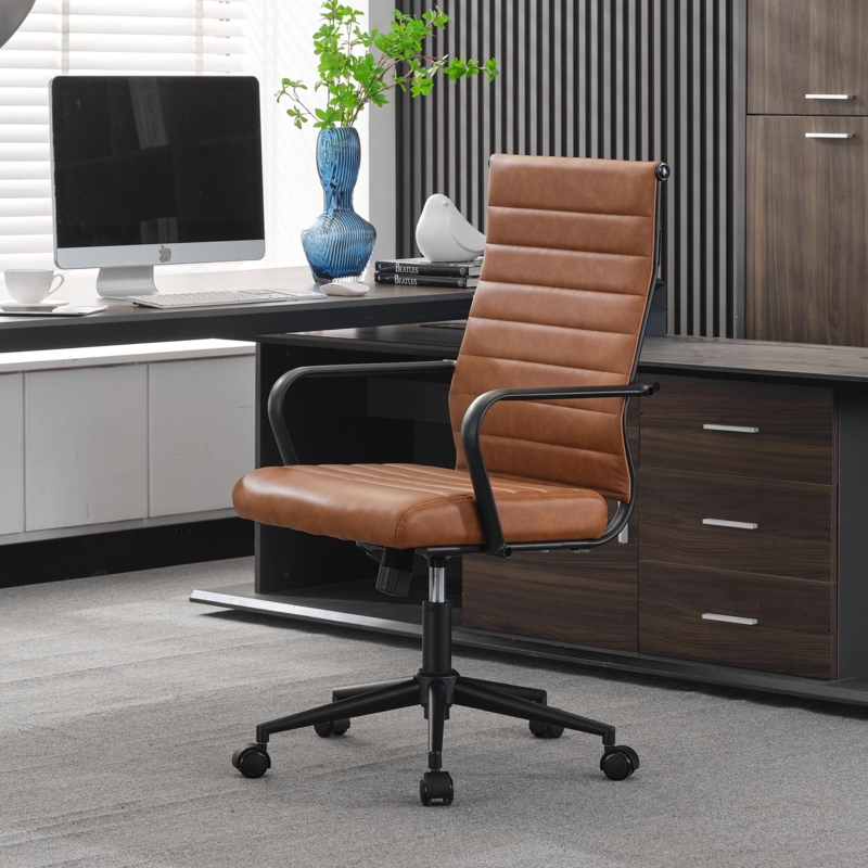 Office Chair, Tan Ribbed Upholstery with Polished Chrome Frame