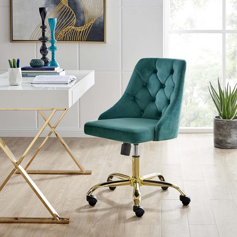 Office Chair Teal Velvet Armless Channel Tufting Gold Star Base