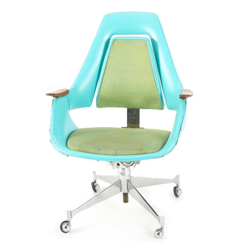 Office Chair Turquoise Upholstery Chrome Base Swivel Retro Style