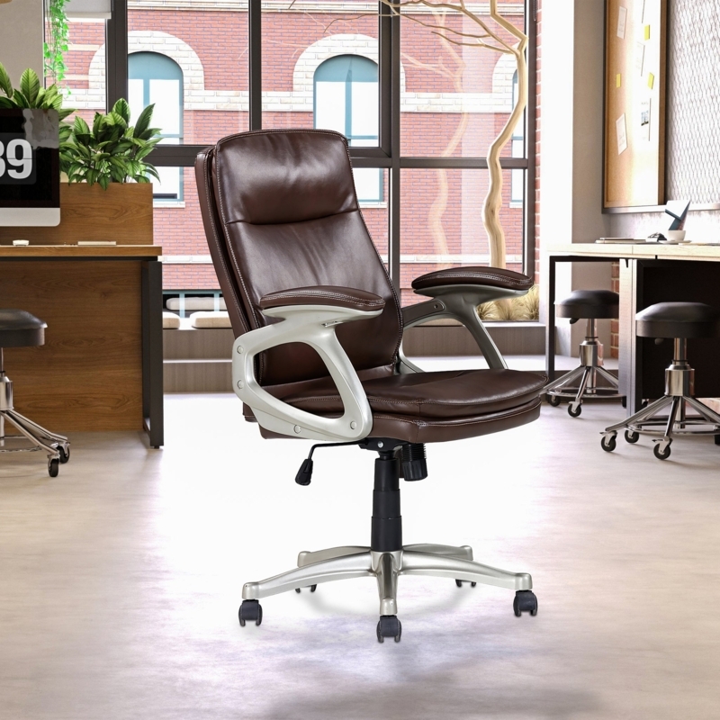 Office Chair Vertical Channel Tufting Cognac Faux Leather Mid Back