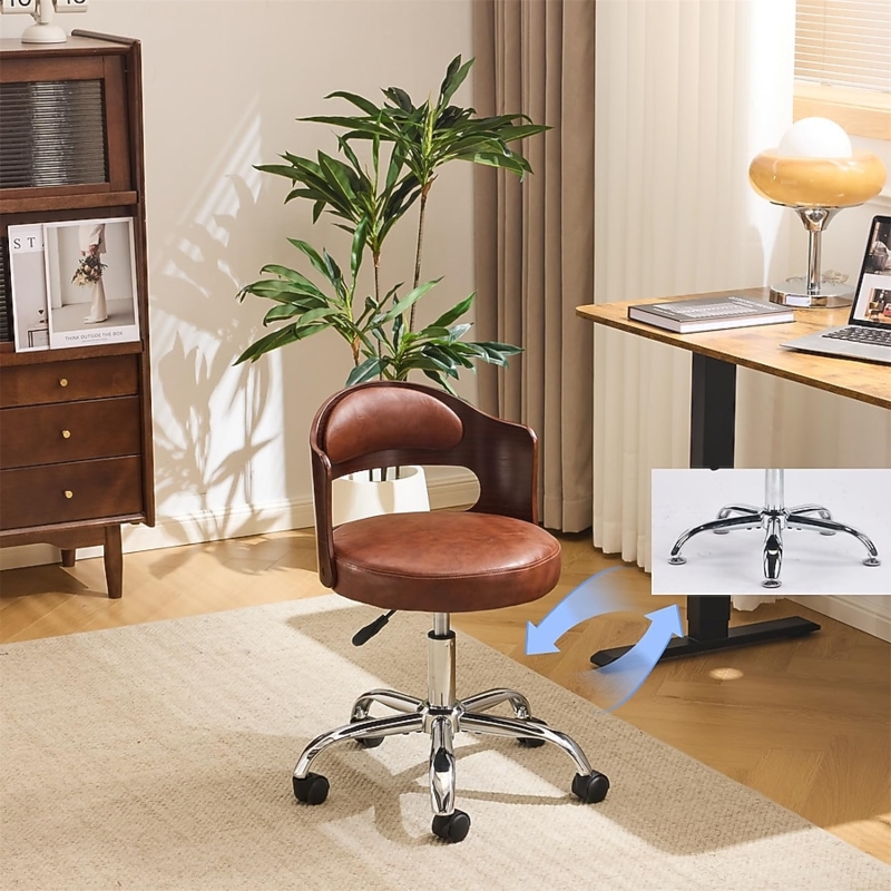 Office Chair Walnut Shell Brown Adjustable Casters Chrome Base Armless