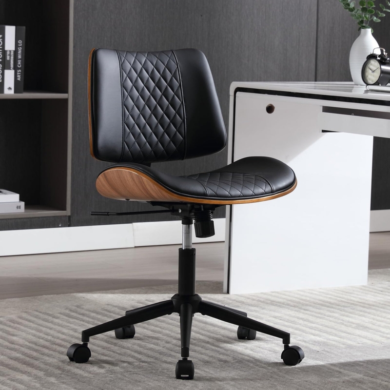 Office Chair Walnut Wood Shell Black Chrome Casters