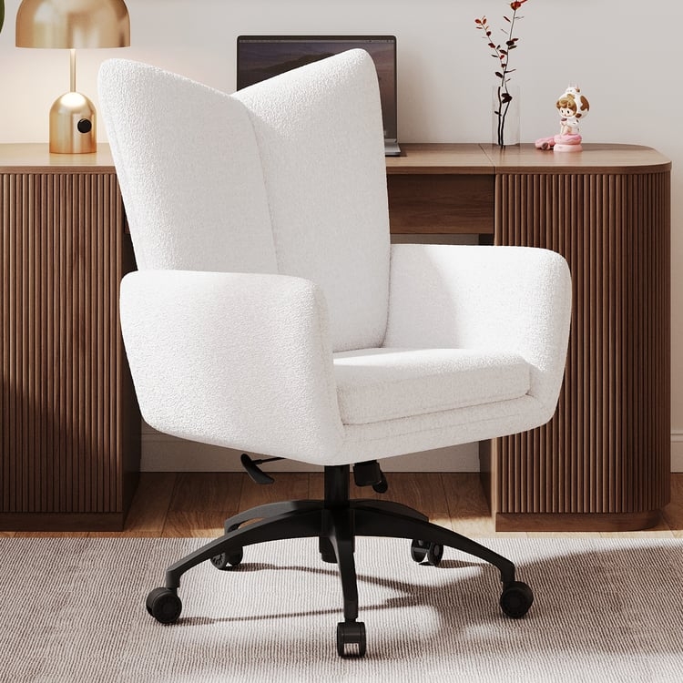 Office Chair: White Boucle Texture Curved Back Minimalist Seating