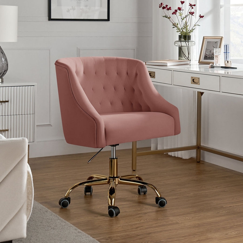 Office Chair White Boucle Texture Curved Back Polished Gold Base