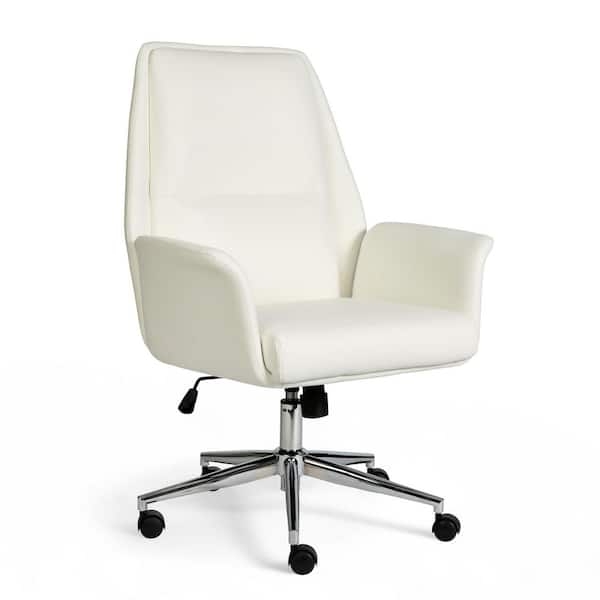 Office Chair White Channel Stitching Polished Metal Frame Leather Like