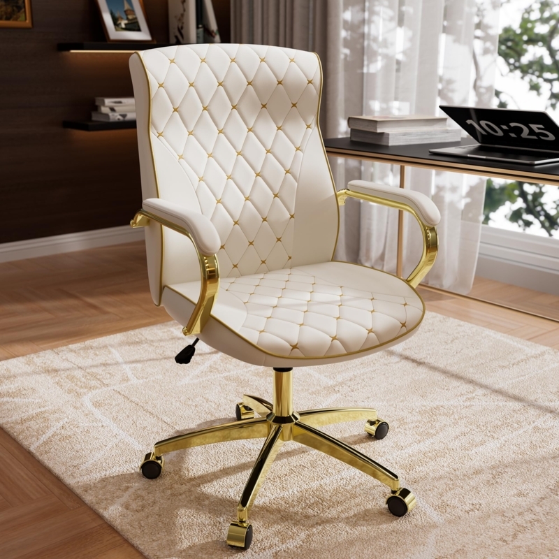 Office Chair White Channel Tufting Mid-Back Padded Arms
