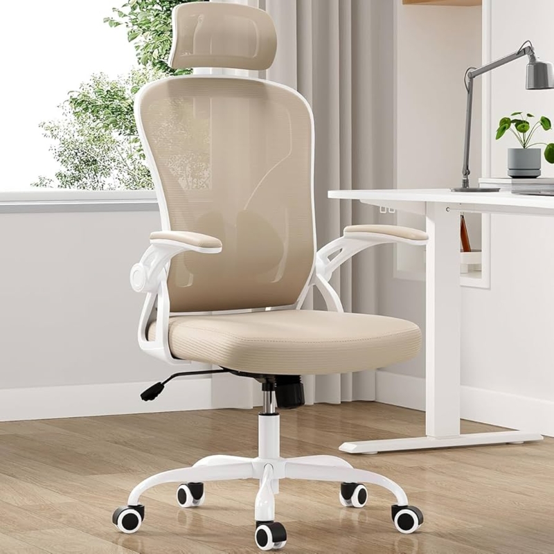 Office Chair White Frame Khaki Mesh Lumbar Dial Adjustable Headrest