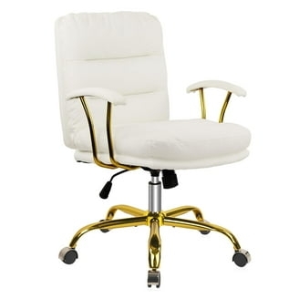 Office Chair White Horizontal Tufting Padded Armrests Gold Base