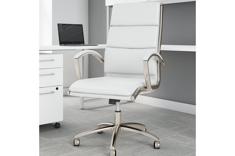 Office Chair White Ribbed Slim Chrome Arms Mid-Century Modern Style