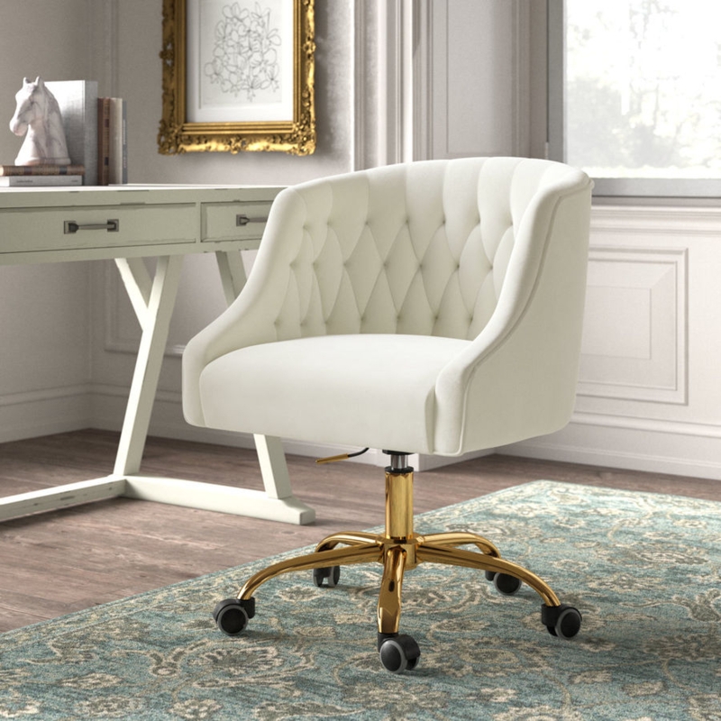 Office Chair White Velvet Channel Tufting Gold Base Hooded Casters