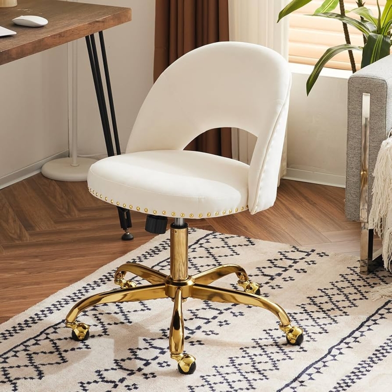 Office Chair White Velvet Gold Nailhead Trim and Channel Tufting