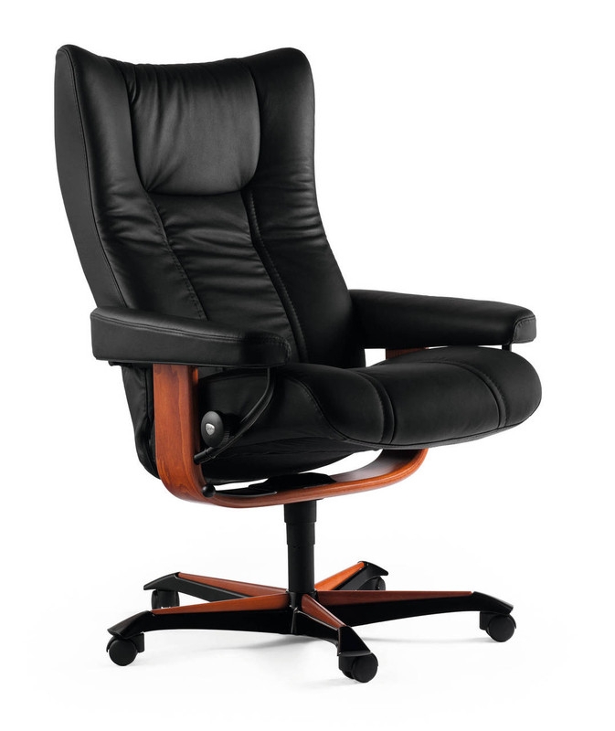 Office Chair Winged Headrest Wood Toned Base Charcoal Upholstery