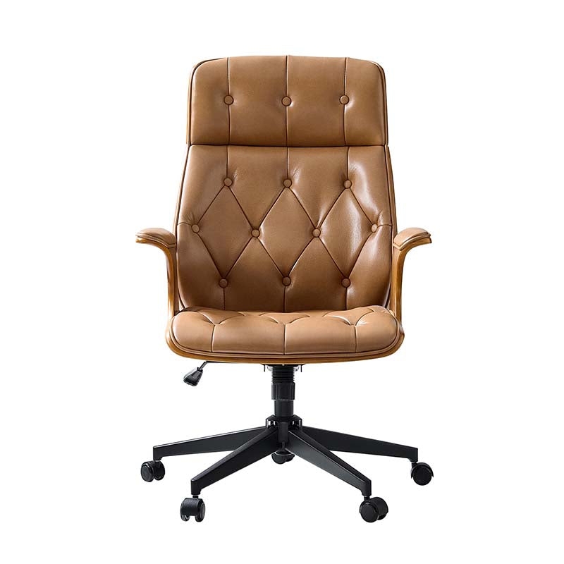 Office Chair with Bentwood Frame, Camel Leather-Like, Curved Back.