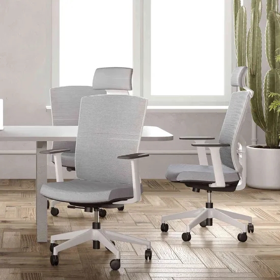 Office Chair with Breathable Grey Mesh & White PA Frame, Modern Minimalist