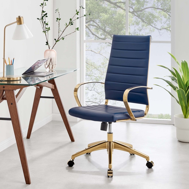Office Chair with Channel Tufted Back, Navy Blue, Gold Base, Modern Glam