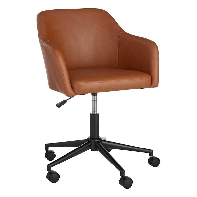 Office Chair with Curved Armrests and High Back in Brown Faux Leather