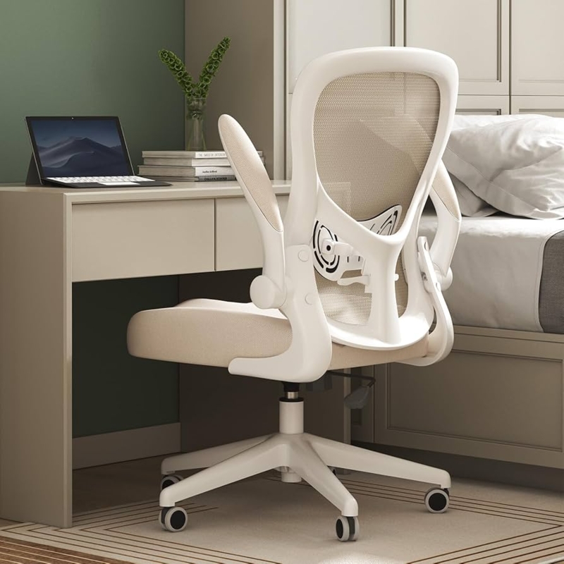 Office Chair with Flip-Up Armrests, Grey Mesh, and Space Saving Design