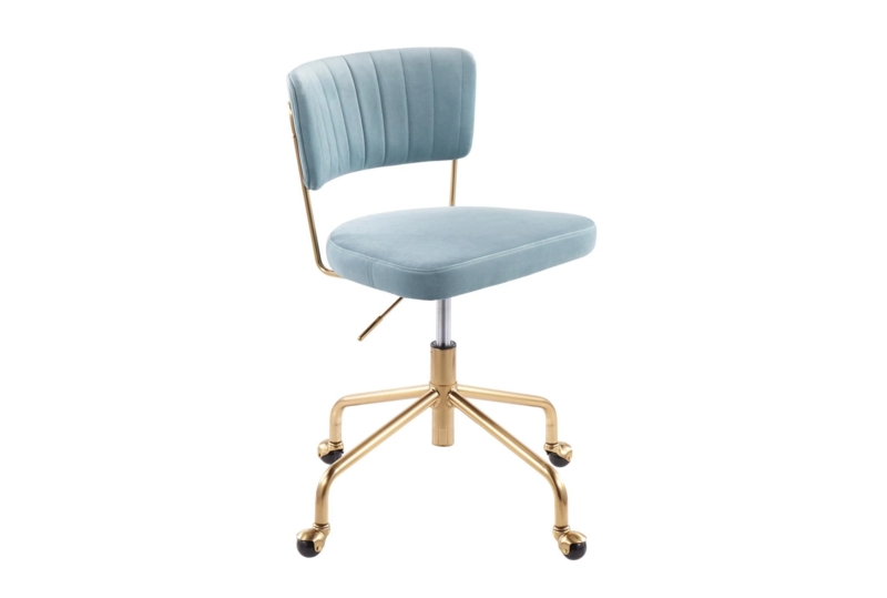 Office Chair with Open Back Design in Blue Velvet and Gold Base