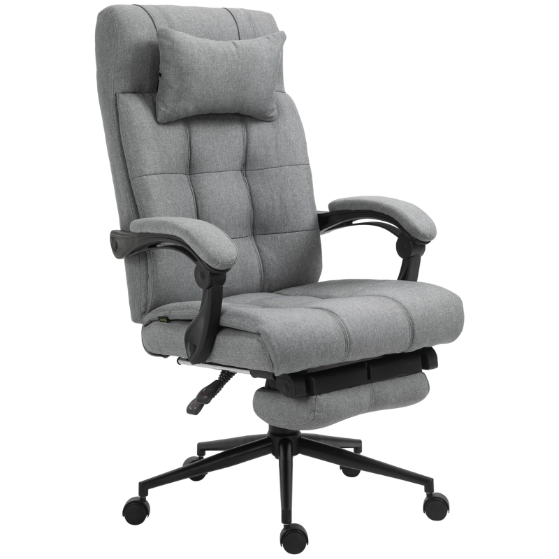Office Chair with Retractable Footrest, Grey Linen Fabric, Lumbar Pillow