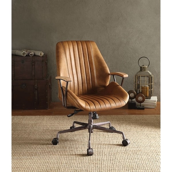 Office Chair Wood Armrest Tops Vintage Brown Leather-Like Chrome Base