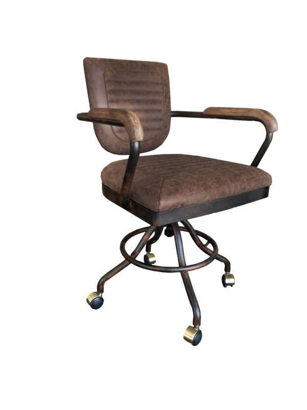 Office Chair Wood Capped Armrests Ribbed Chocolate Brown Industrial Style