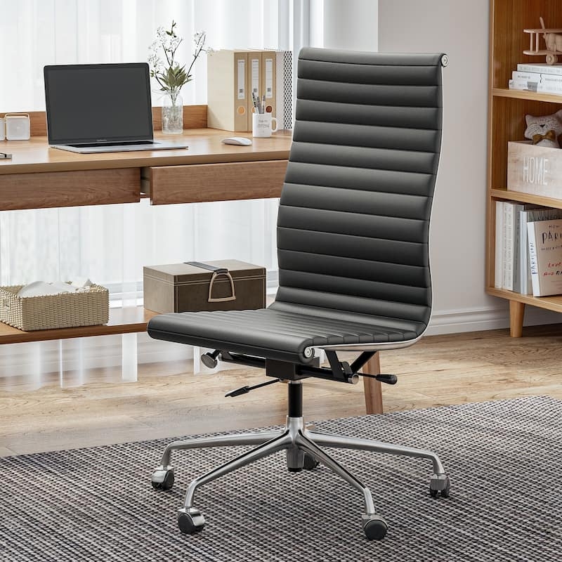 Office Chair Wood Shell Exterior Brown Leather Like Mid Century
