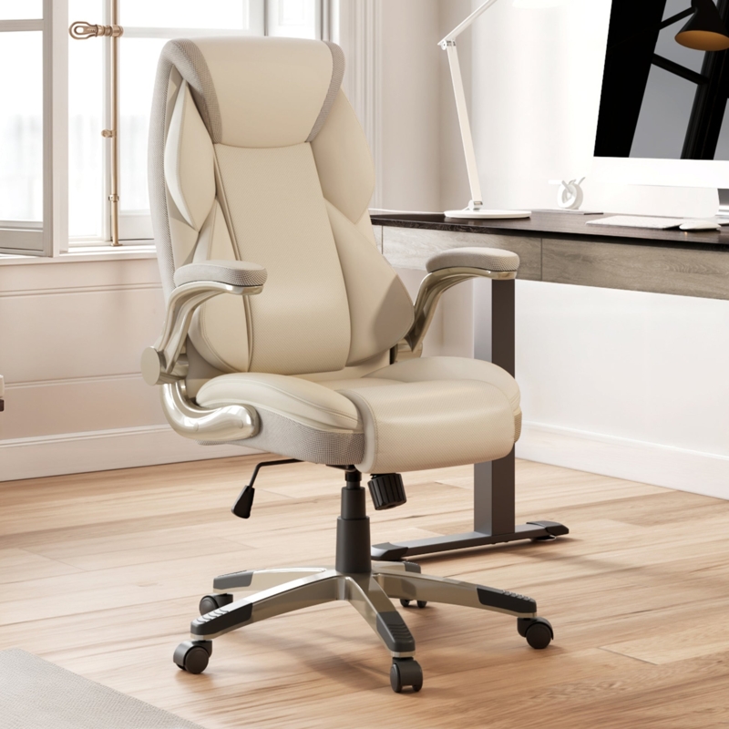 Office Chair Wood-Toned Accents Integrated Headrest High Back