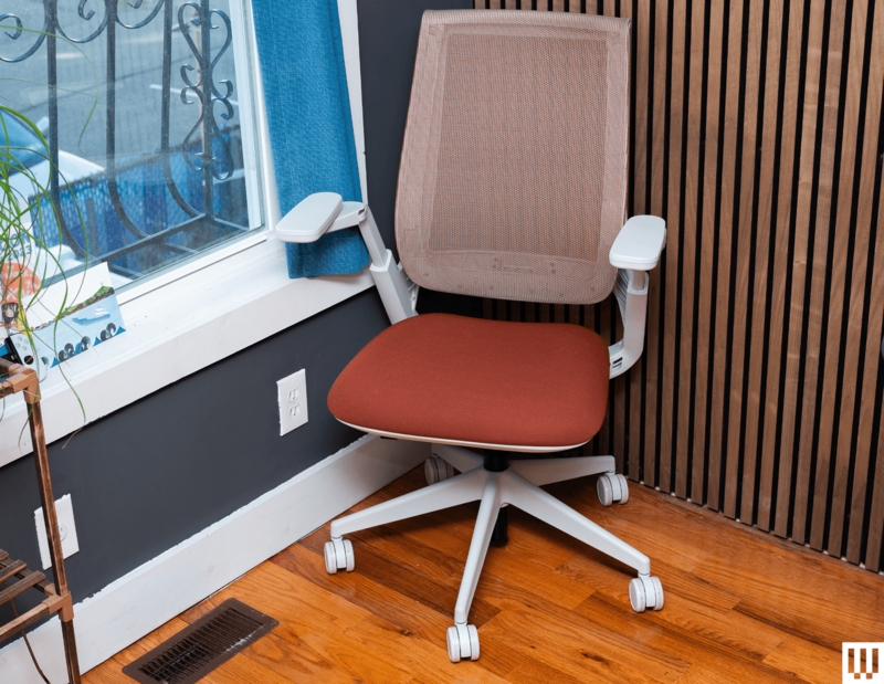 Office Chair Wood Toned Seat Gray Mesh Back Sculptural Frame Minimalist