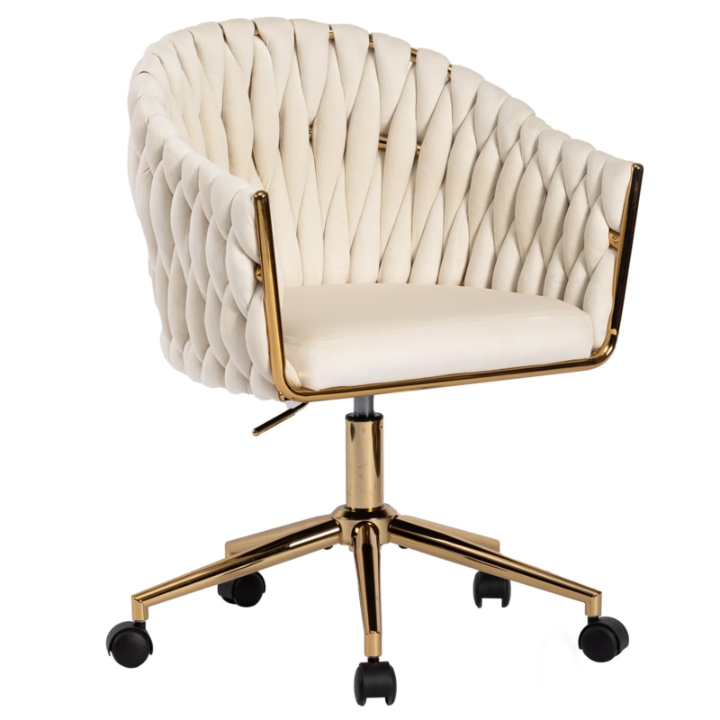 Office Chair Woven Backrest Golden Wheels Velvet Upholstery