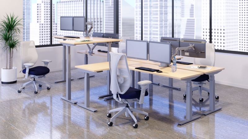 Office Chairs Paired with Wood Top Standing Desks in Modern Office
