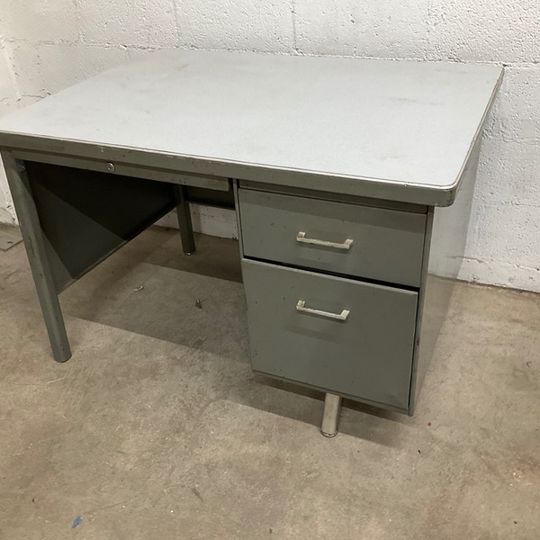 Office Desk Dark Green Top, Gray Frame, Retro Green Top Metal Desk