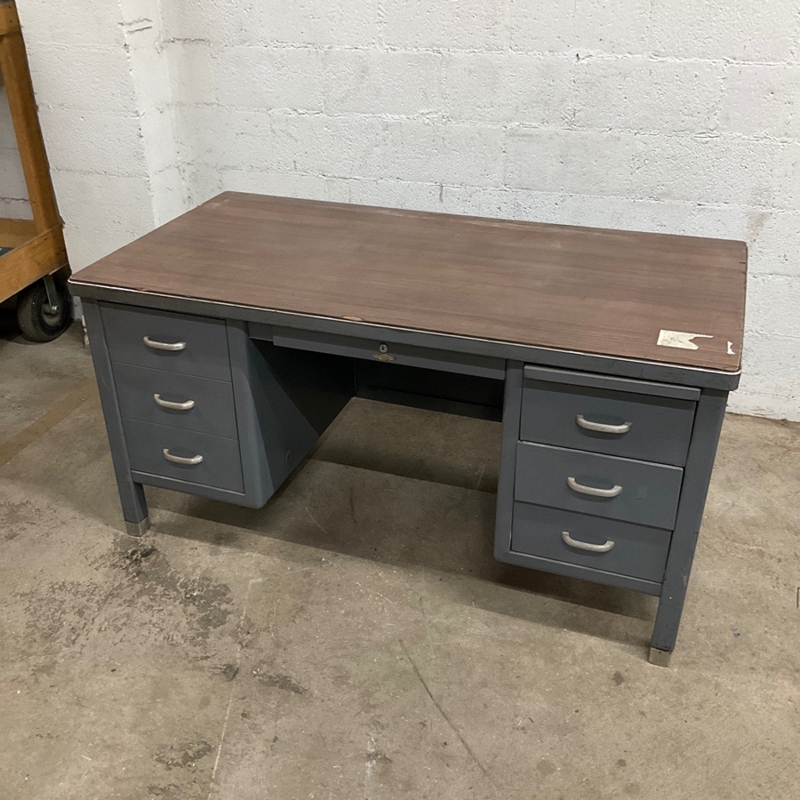 Office Desk Distressed Finish, Charcoal Gray, Double Pedestal Tanker